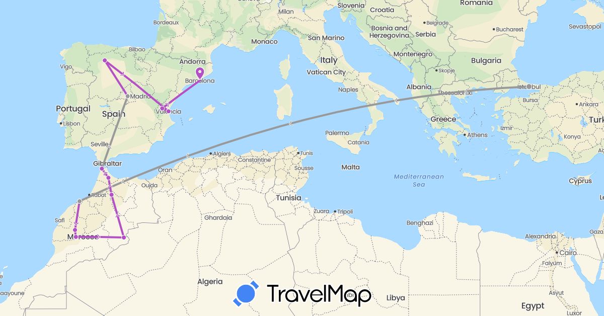 TravelMap itinerary: driving, plane, train in Spain, Morocco, Turkey (Africa, Asia, Europe)